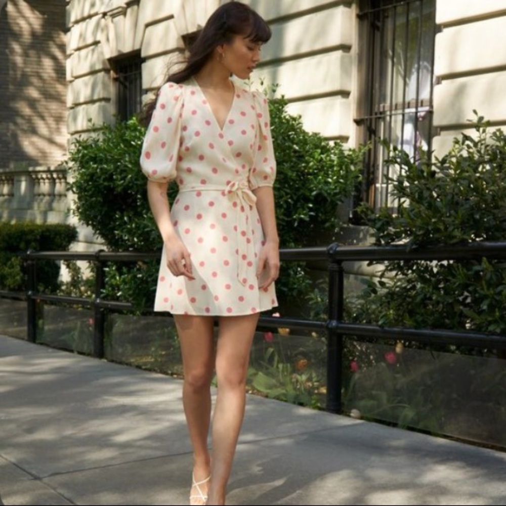 Cream Mini Wrap Dress with Pink Polka Dots